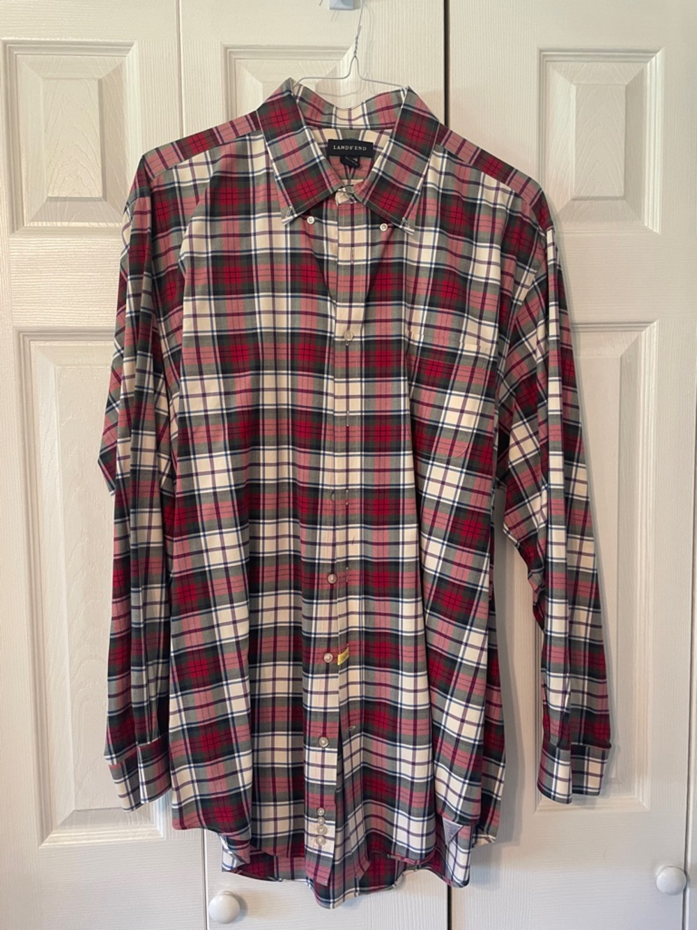 Lands' End Men's Red and White Plaid Button-Down Shirt